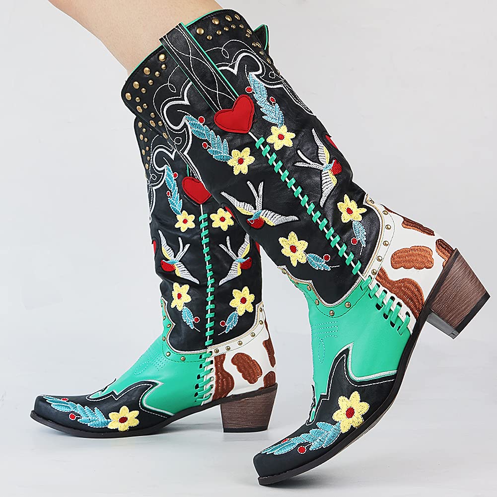Damen Cowboy-Stiefel Bestickt Bunte Blumen Blockabsatz Western-Look - Norvielle