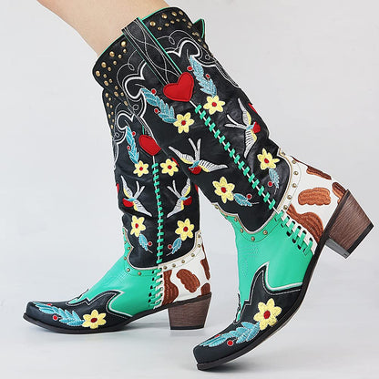 Damen Cowboy-Stiefel Bestickt Bunte Blumen Blockabsatz Western-Look - Norvielle
