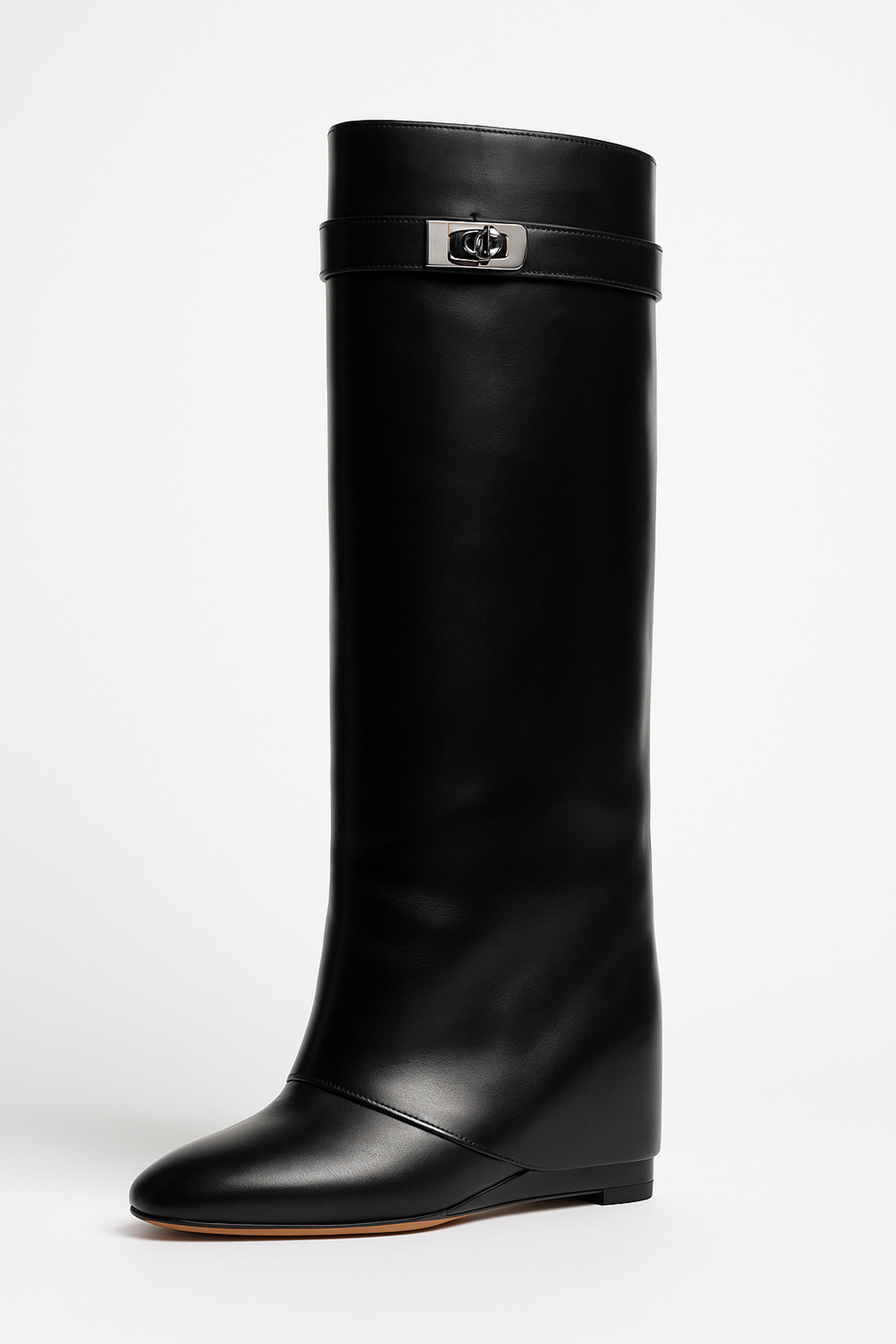 Kniehohe Stiefel Keilabsatz Schlichte Schnalle