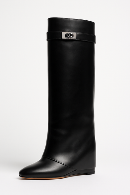 Kniehohe Stiefel Keilabsatz Schlichte Schnalle