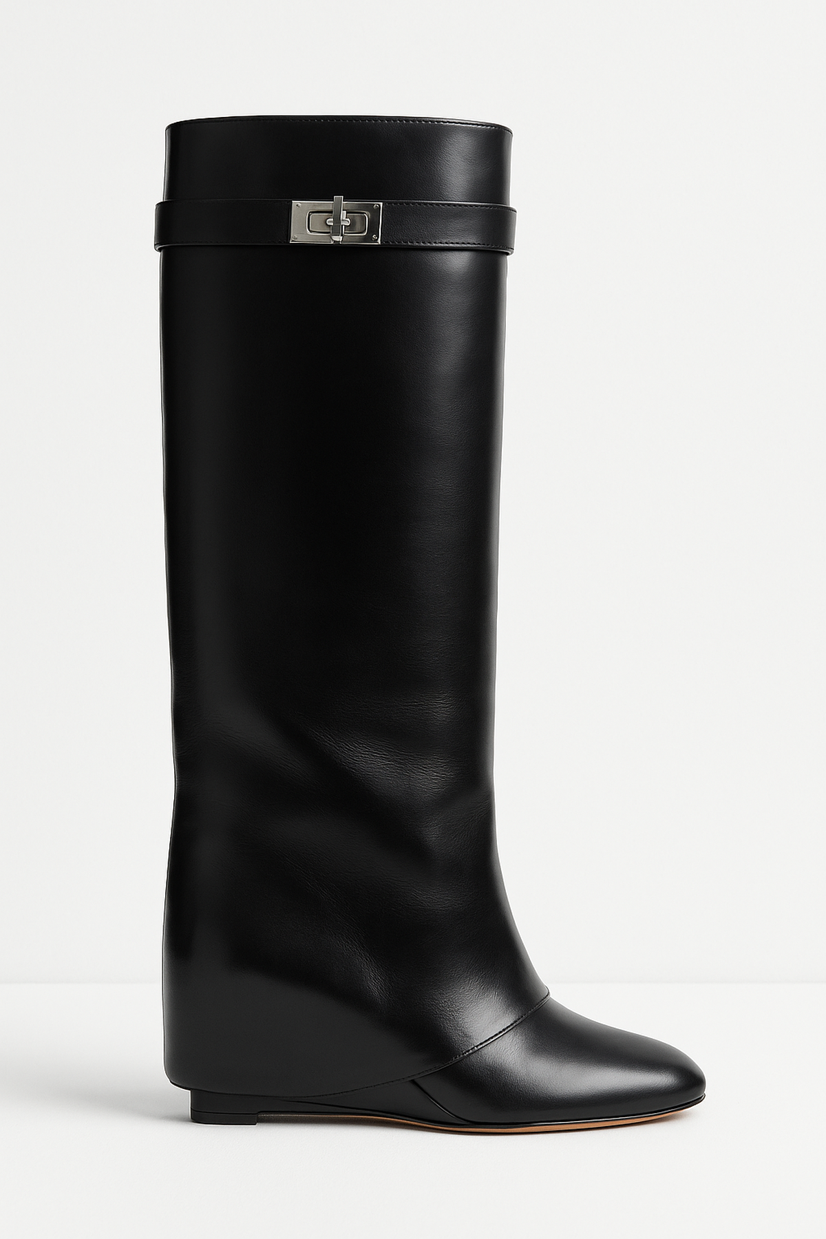 Kniehohe Stiefel Keilabsatz Schlichte Schnalle Schwarz - Norvielle