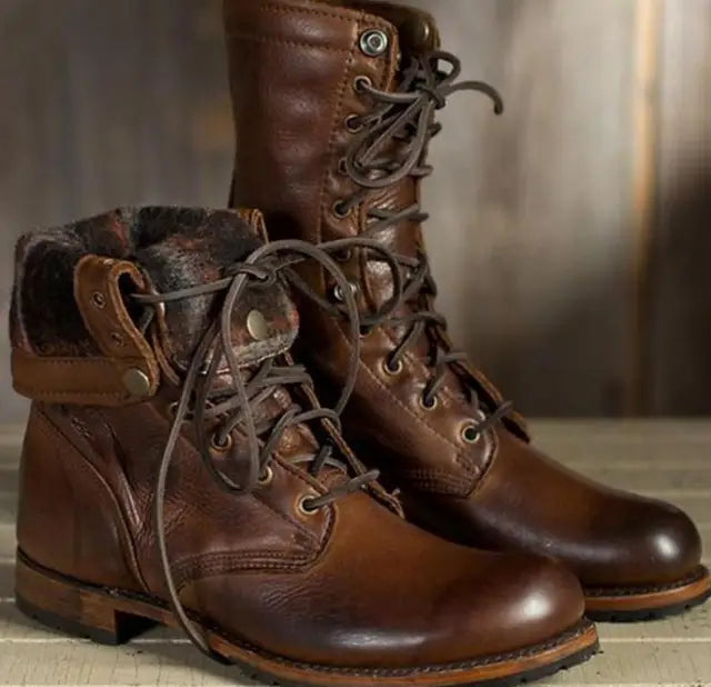Norvielle Damen Schnürstiefel Leder Mittelhoher Schaft Runde Zehe - Norvielle