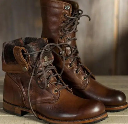 Norvielle Damen Schnürstiefel Leder Mittelhoher Schaft Runde Zehe - Norvielle