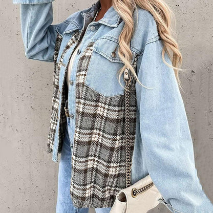 Damenjacke Kariert Denim-Look mit Knöpfen und Kragen