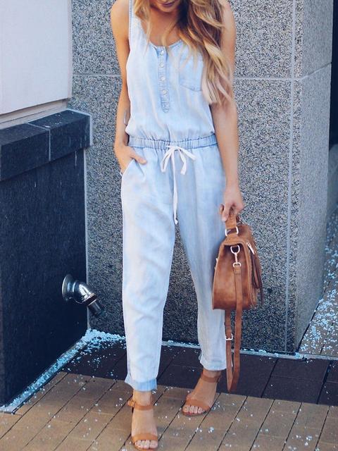 Norvielle Damen Ärmelloses Denim-Jumpsuit Slim-Taille
