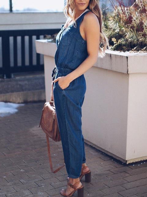 Norvielle Damen Ärmelloses Denim-Jumpsuit Slim-Taille