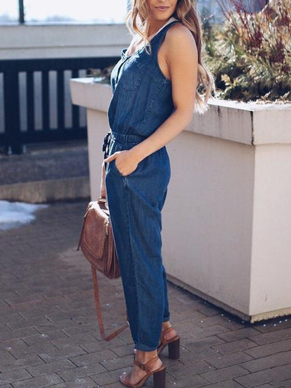 Norvielle Damen Ärmelloses Denim-Jumpsuit Slim-Taille
