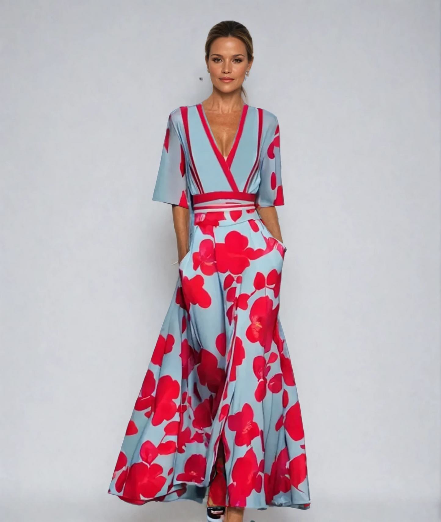 Damen Wickelmaxikleid Blumenmuster V-Ausschnitt