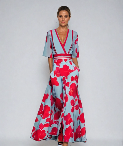 Damen Wickelmaxikleid Blumenmuster V-Ausschnitt