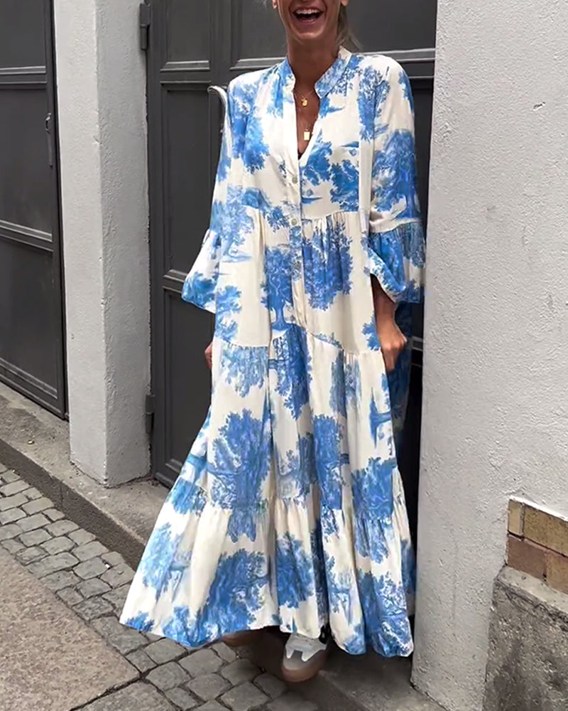 Damen Maxi-Kleid mit Blumenprint Volantärmeln Stehkragen Leicht