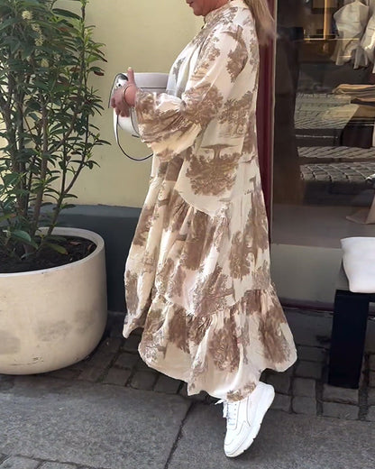 Damen Maxi-Kleid mit Blumenprint Volantärmeln Stehkragen Leicht