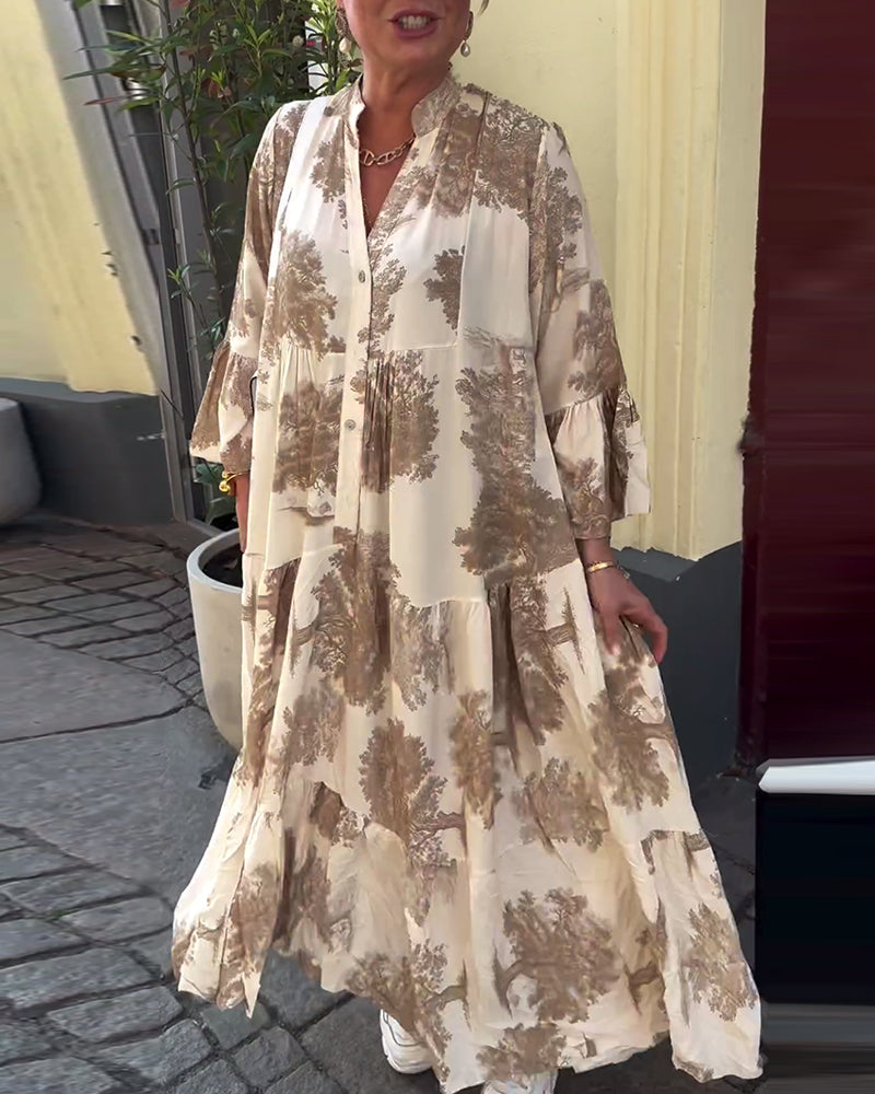 Damen Maxi-Kleid mit Blumenprint Volantärmeln Stehkragen Leicht