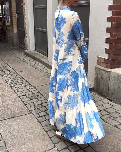 Damen Maxi-Kleid mit Blumenprint Volantärmeln Stehkragen Leicht