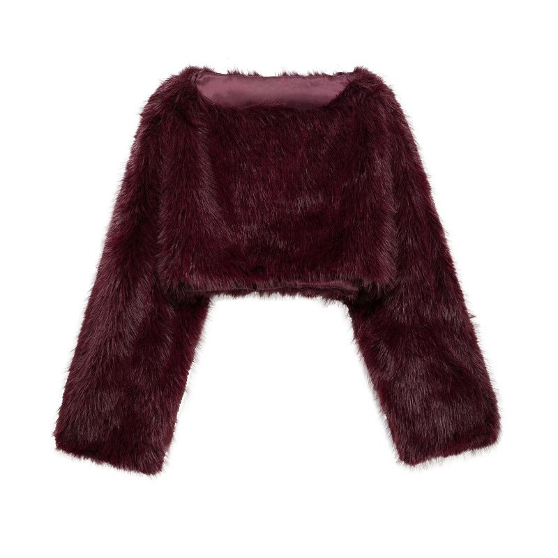 Damen Cropped Pullover Kunstfell Weite Ärmel