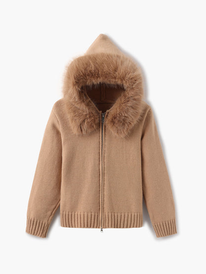 Damen Strickjacke Grau Kapuze Kunstpelz Warm