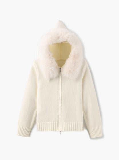 Damen Strickjacke Grau Kapuze Kunstpelz Warm