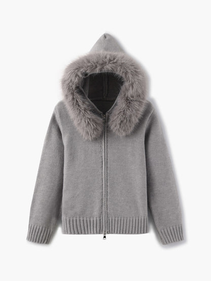 Damen Strickjacke Grau Kapuze Kunstpelz Warm - Norvielle