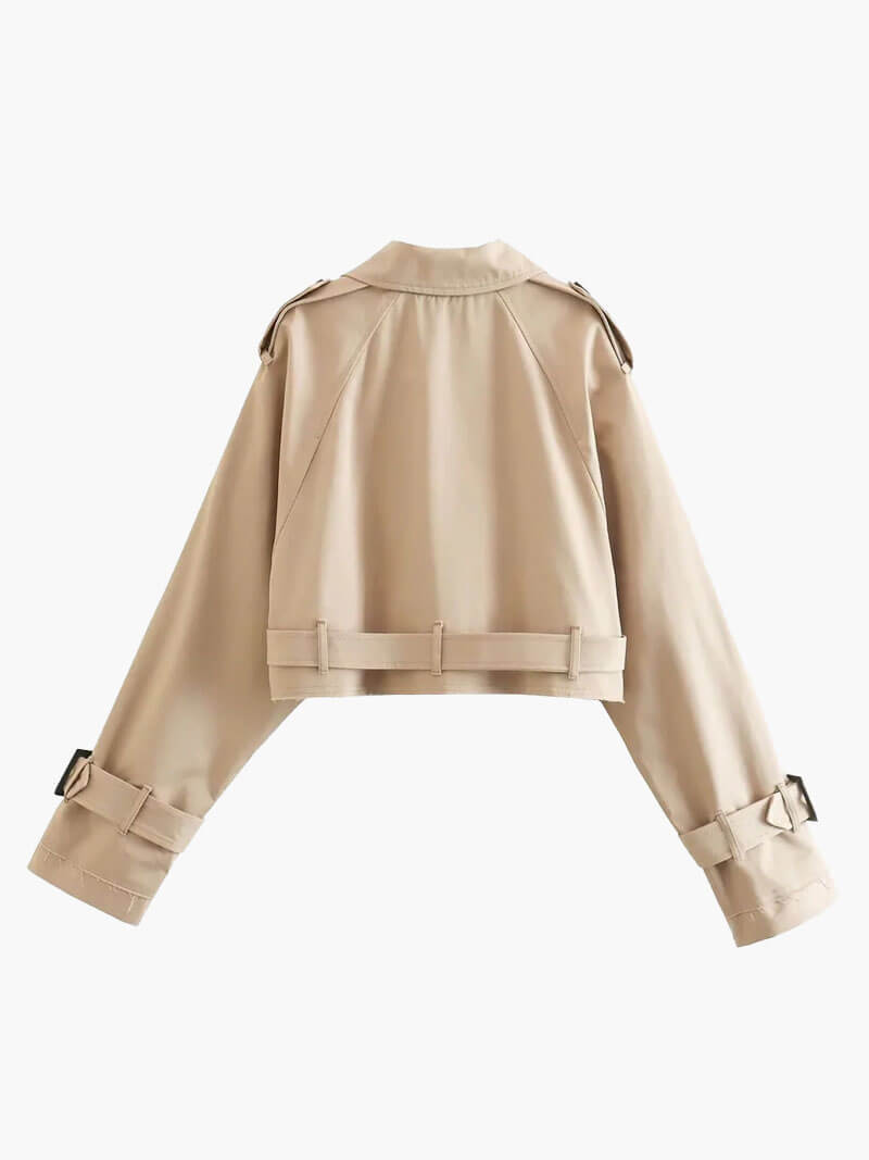 Damen Trenchcoat Cropped Doppelreiher Gürtel Beige