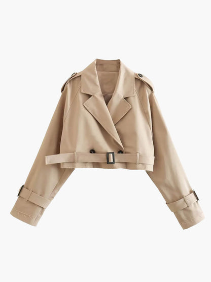 Damen Trenchcoat Cropped Doppelreiher Gürtel Beige - Norvielle
