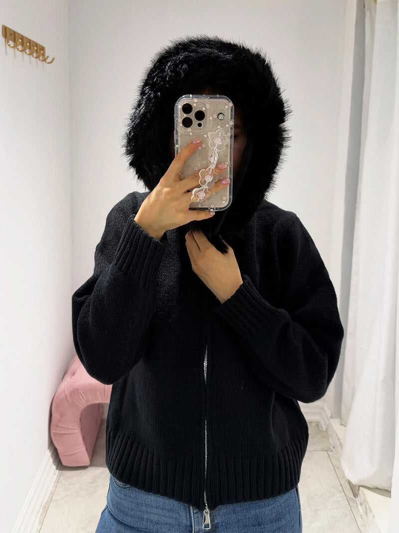 Damen Strickjacke Grau Kapuze Kunstpelz Warm