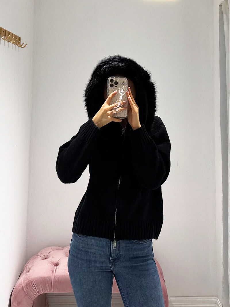 Damen Strickjacke Grau Kapuze Kunstpelz Warm