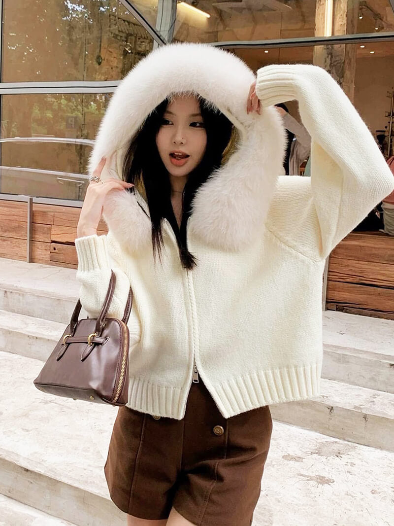 Damen Strickjacke Grau Kapuze Kunstpelz Warm