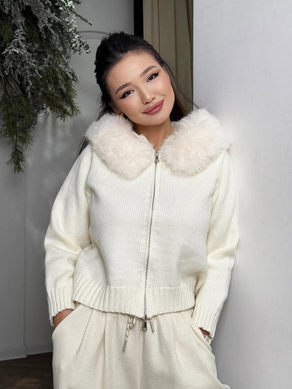 Damen Strickjacke Grau Kapuze Kunstpelz Warm