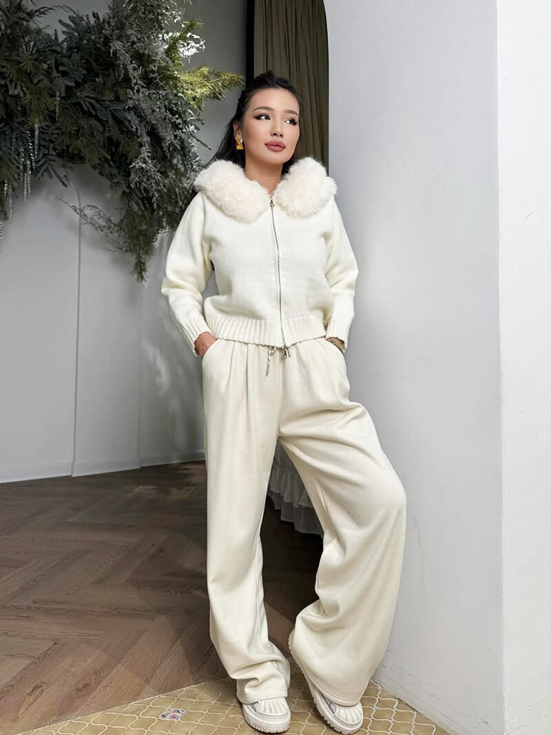 Damen Strickjacke Grau Kapuze Kunstpelz Warm