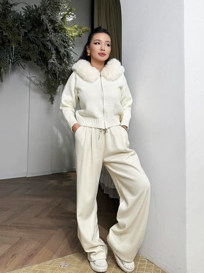 Damen Strickjacke Grau Kapuze Kunstpelz Warm