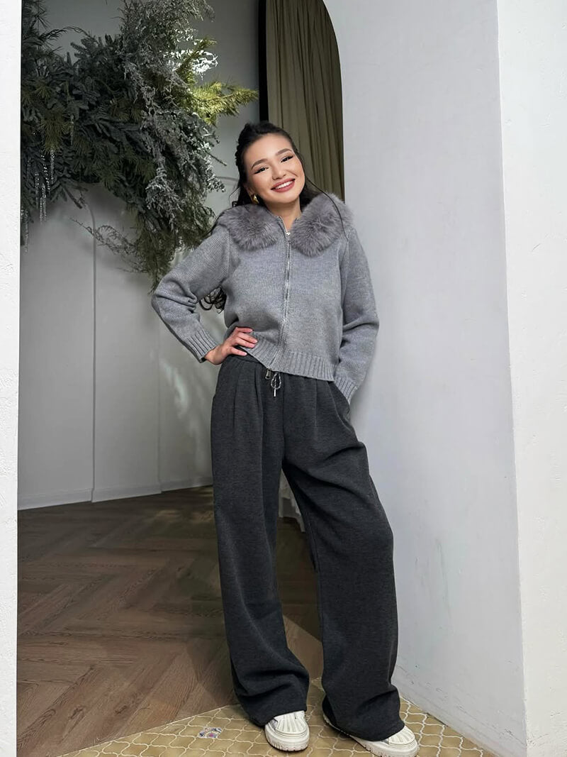 Damen Strickjacke Grau Kapuze Kunstpelz Warm
