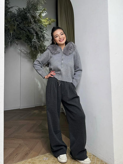 Damen Strickjacke Grau Kapuze Kunstpelz Warm