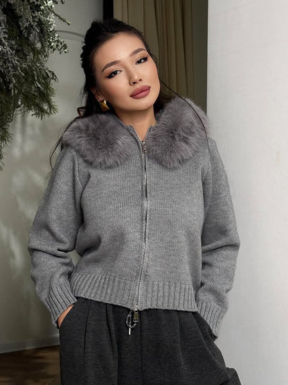 Damen Strickjacke Grau Kapuze Kunstpelz Warm