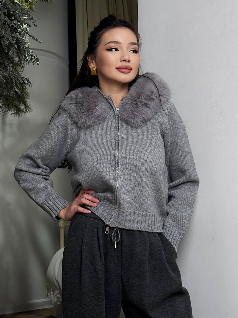 Damen Strickjacke Grau Kapuze Kunstpelz Warm