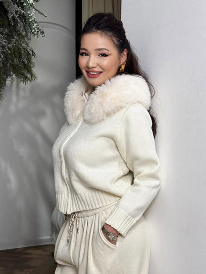 Damen Strickjacke Grau Kapuze Kunstpelz Warm