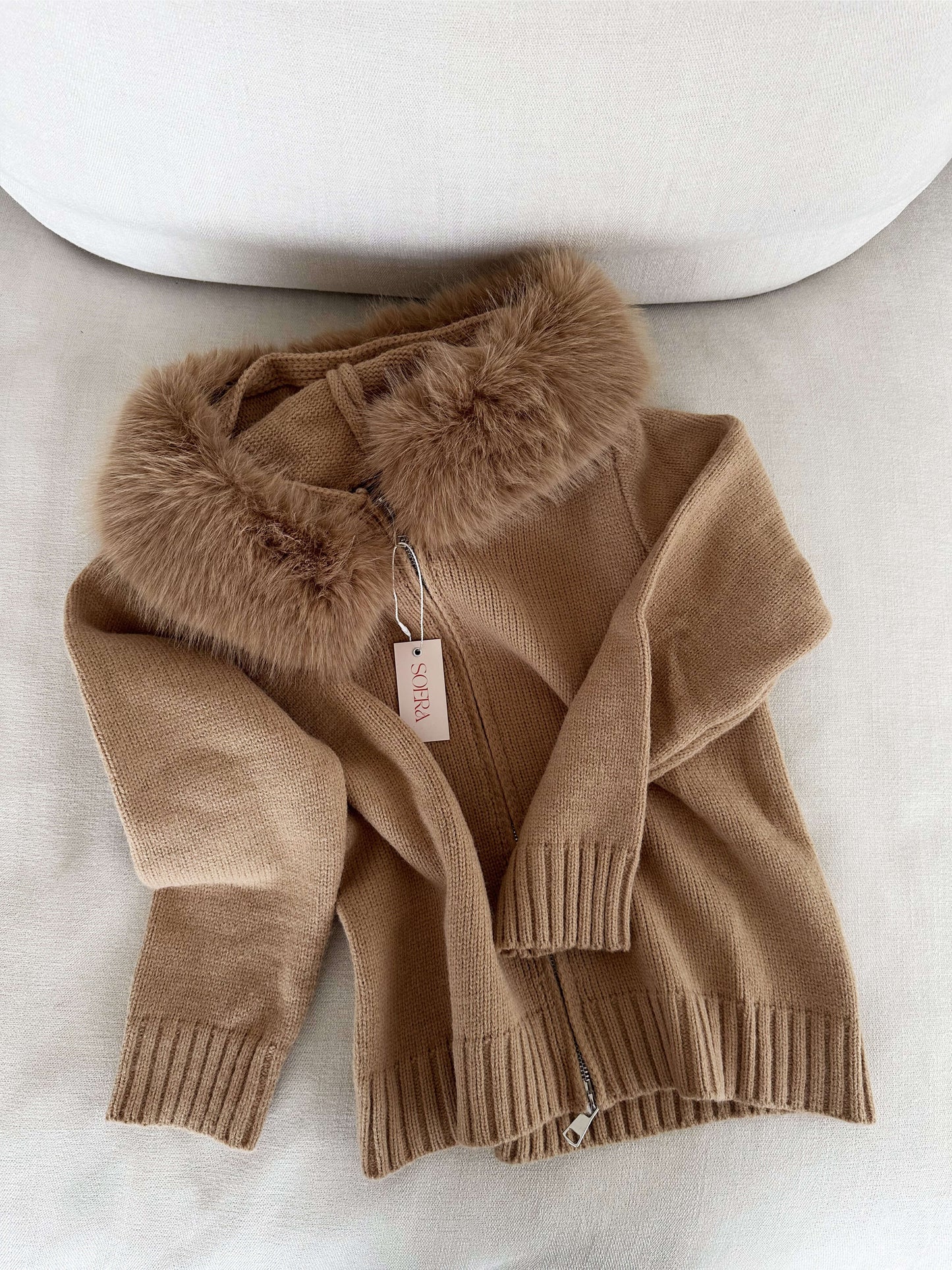 Damen Strickjacke Grau Kapuze Kunstpelz Warm