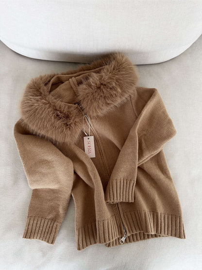 Damen Strickjacke Grau Kapuze Kunstpelz Warm