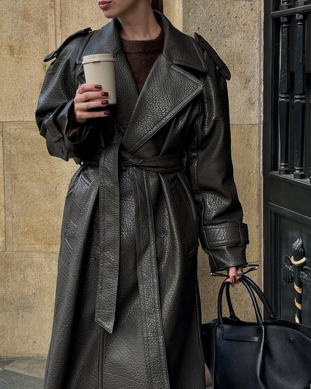Damen Leder-Trenchcoat Lang