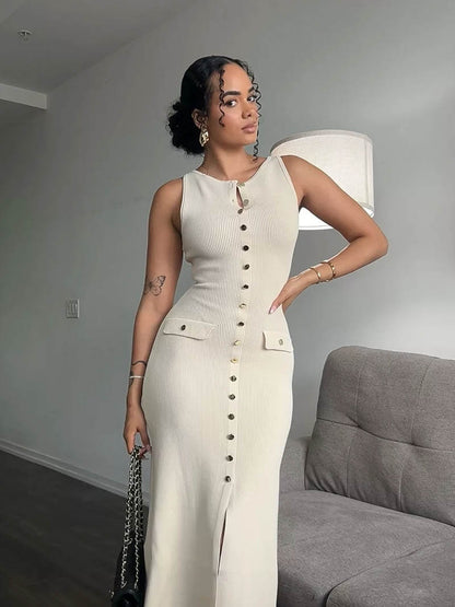 Rosamund Damen Ärmelloses Maxikleid Knopfdetail Elegantes Design