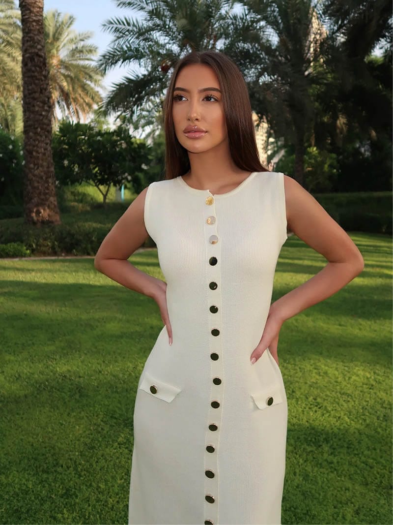 Rosamund Damen Ärmelloses Maxikleid Knopfdetail Elegantes Design