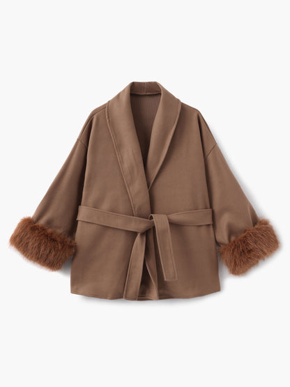Damen Kurzmantel Kunstfellbesatz Elegantes Design