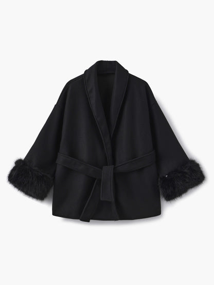 Damen Wickelmantel Fellärmel Warm