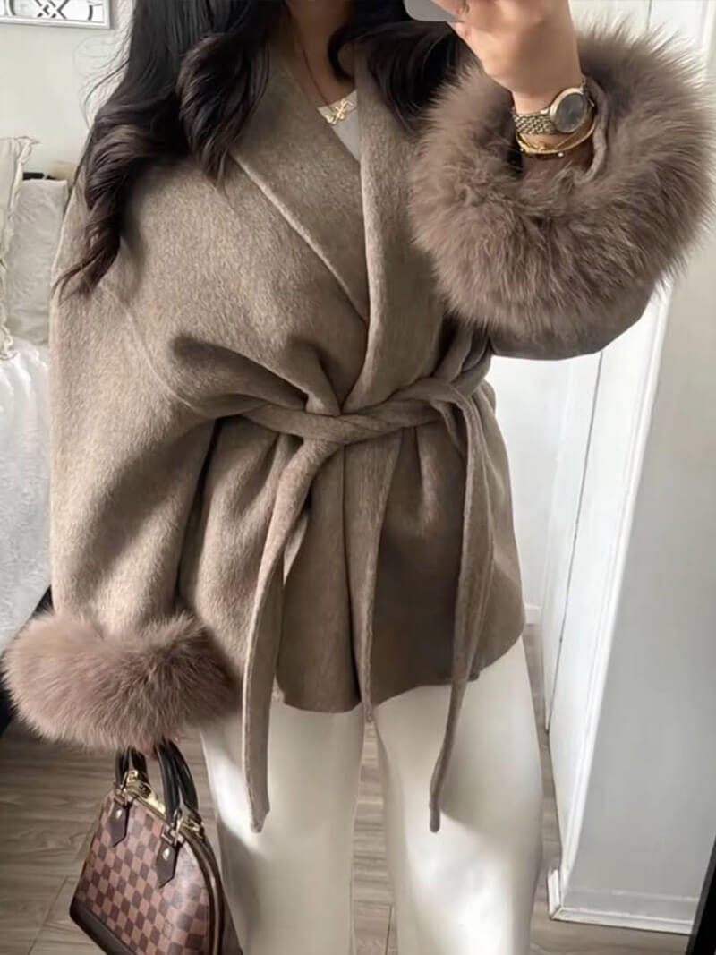 Damen Wickelmantel Fellärmel Warm