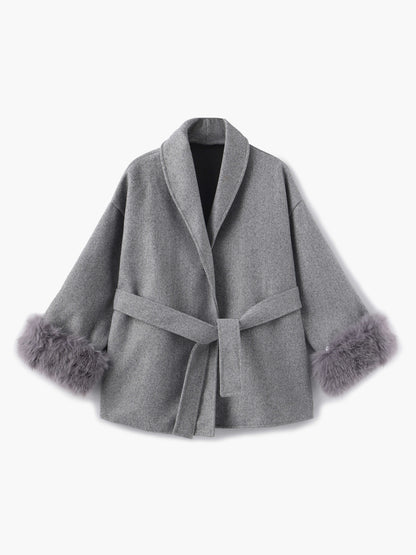 Damen Kurzmantel Kunstfellbesatz Elegantes Design Schwarz - Norvielle