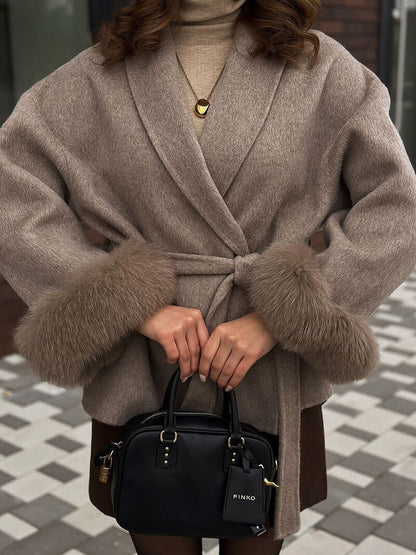 Damen Wickelmantel Fellärmel Warm