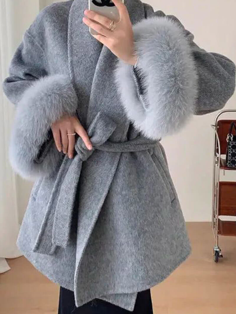 Damen Kurzmantel Kunstfellbesatz Elegantes Design