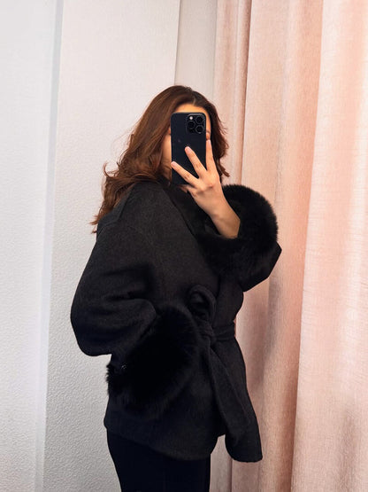 Damen Kurzmantel Kunstfellbesatz Elegantes Design