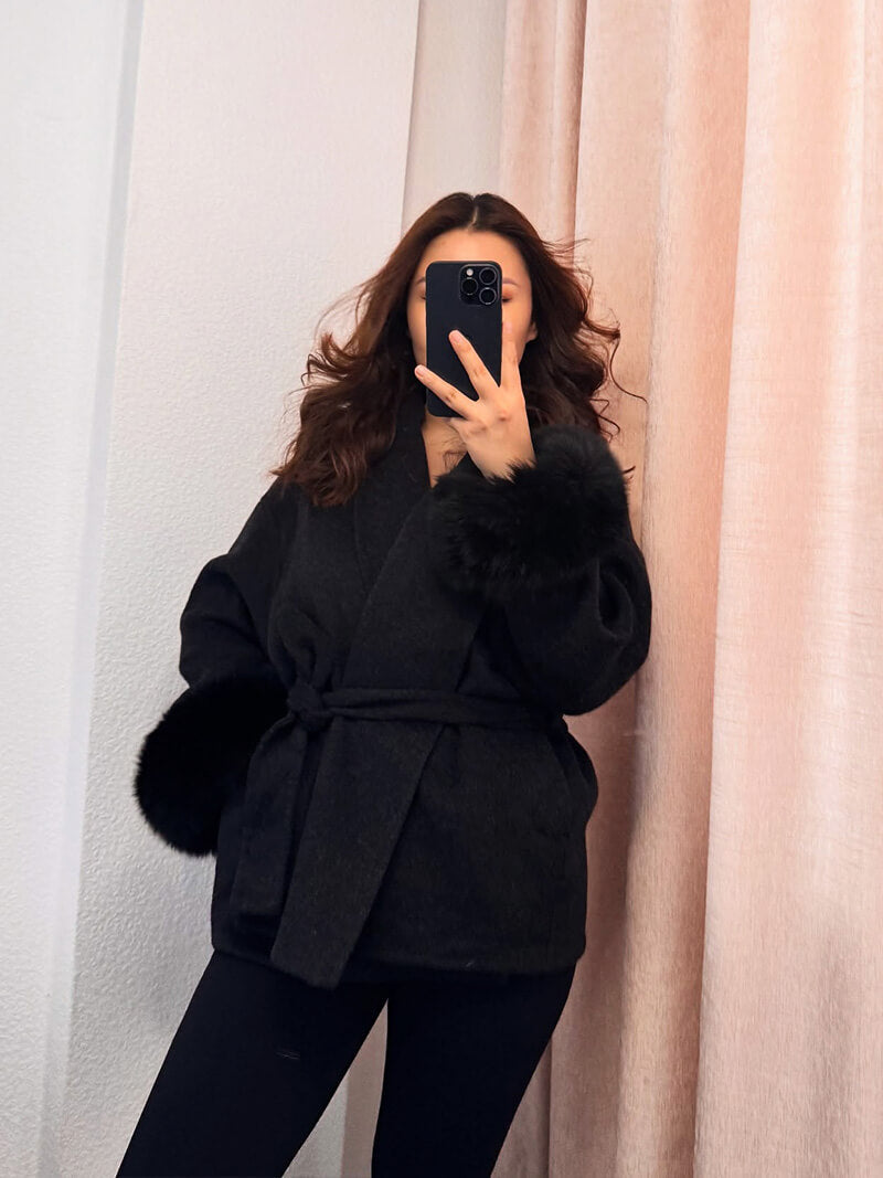 Damen Kurzmantel Kunstfellbesatz Elegantes Design