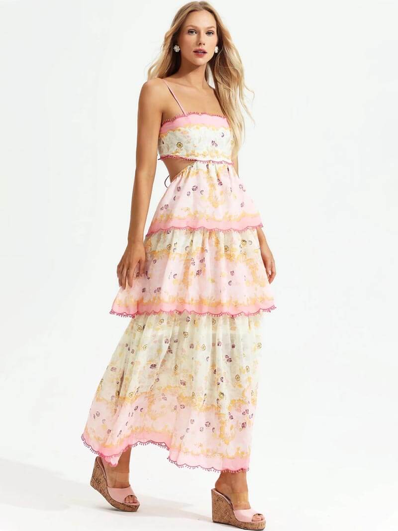 Damen Maxikleid Blumenmuster Spitzen-Detail Rosa