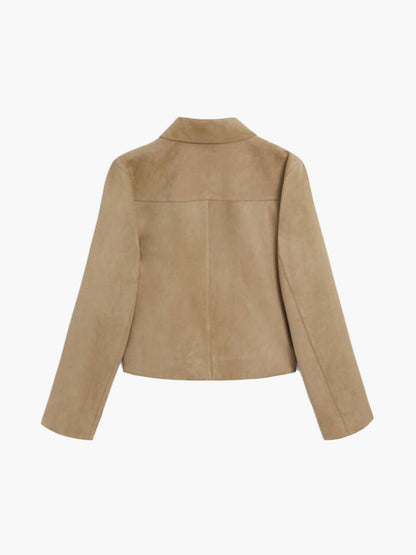 Damen Suede Look Jacke Umschlagkragen Cropped