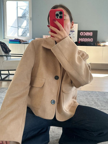 Damen Wildlederjacke Kurzjacke Mit Taschen
